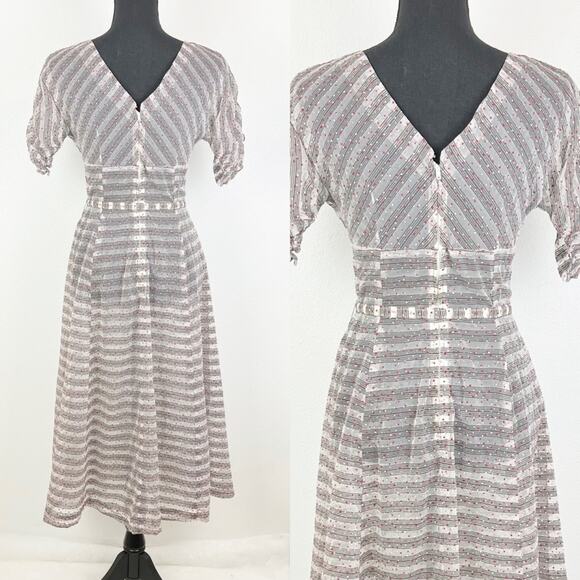 Vintage 50s Dress Sheer Organdy Swiss Dot V Neck Fit and Flare - Picture 4 of 11